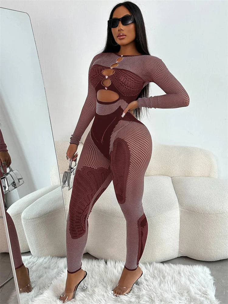 Women's See-Through Hollow Jumpsuit with Full Sleeves