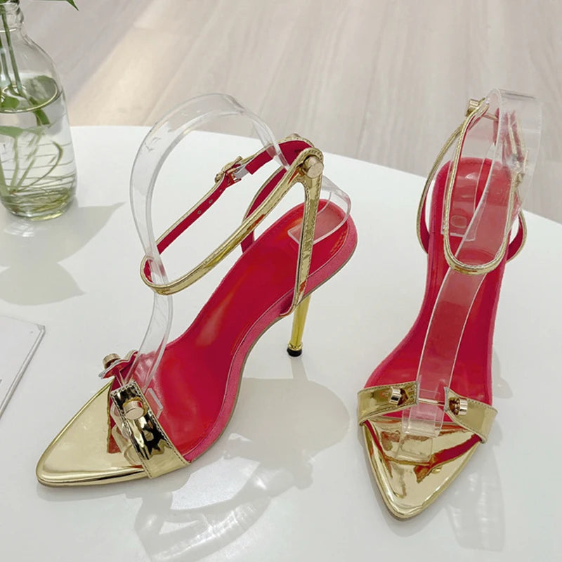 Gold Silver Ankle Strap High Heels for Women Wedding Banquet