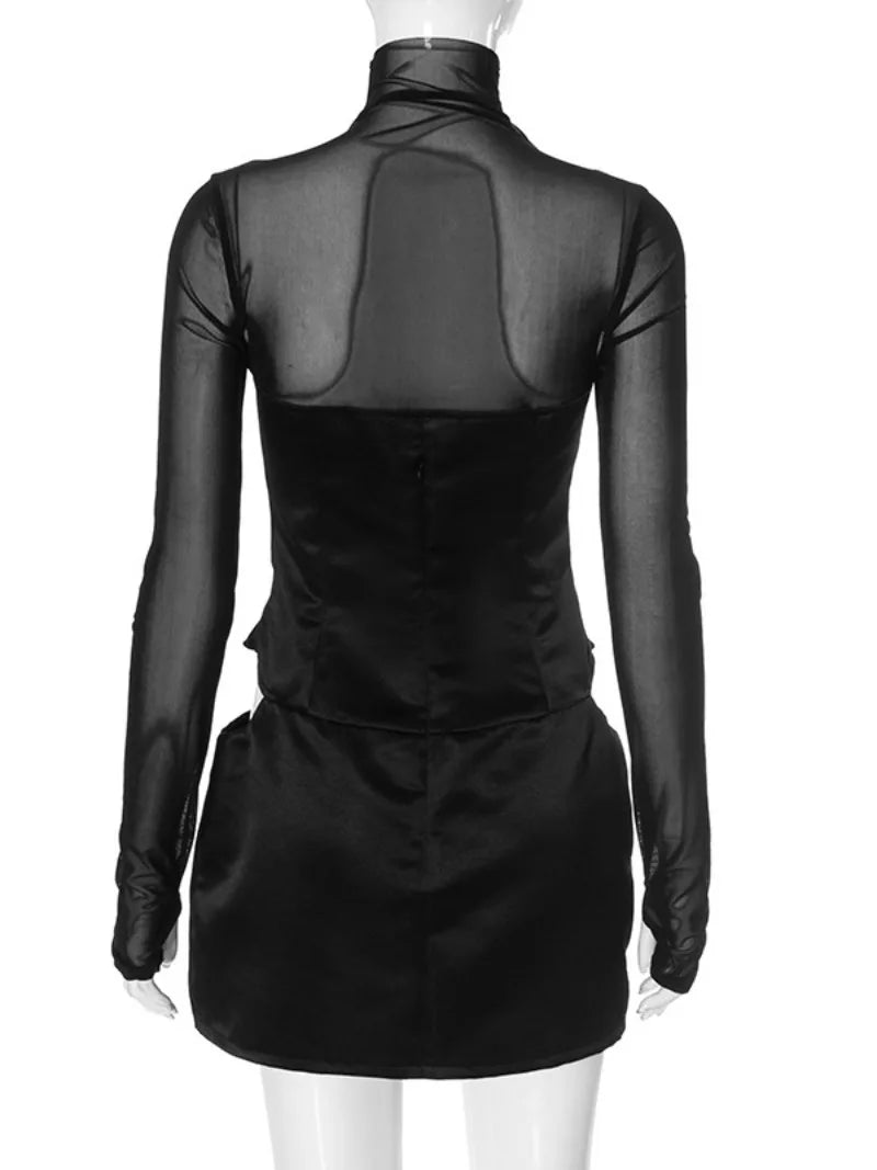 Women's Black Turtleneck Mesh Patchwork Long Sleeve Dress
