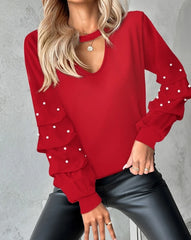 Women's Casual Keyhole Neck Long Sleeve Beaded Blouse Top