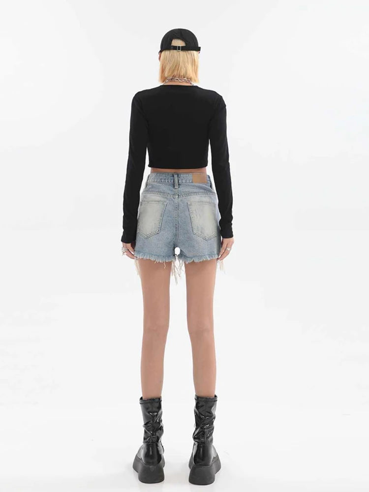 High Waist Ripped Denim Jean Shorts with Tassels for Women