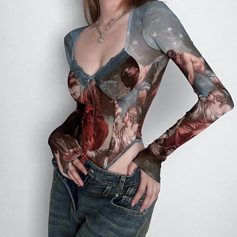 Women's Renaissance Art Print Bodysuit – Vintage-Inspired Sheer Design