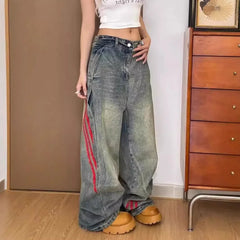 Women's Red Striped Stitching Baggy Pants