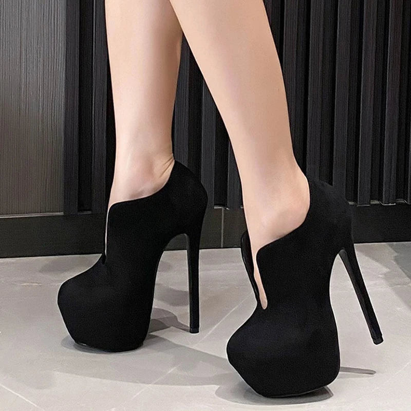 Women's Solid Black Extreme Thin High Heels Slip-On Platform Pumps