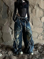 Unisex Baggy Deconstruction Tassel Jeans with Big Pockets