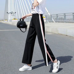 Casual Black Split Wide Leg Sports Pants with Pockets and Stripes