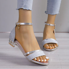 Women's Crystal Open-Toed Thick Heel Sandals for Summer Parties