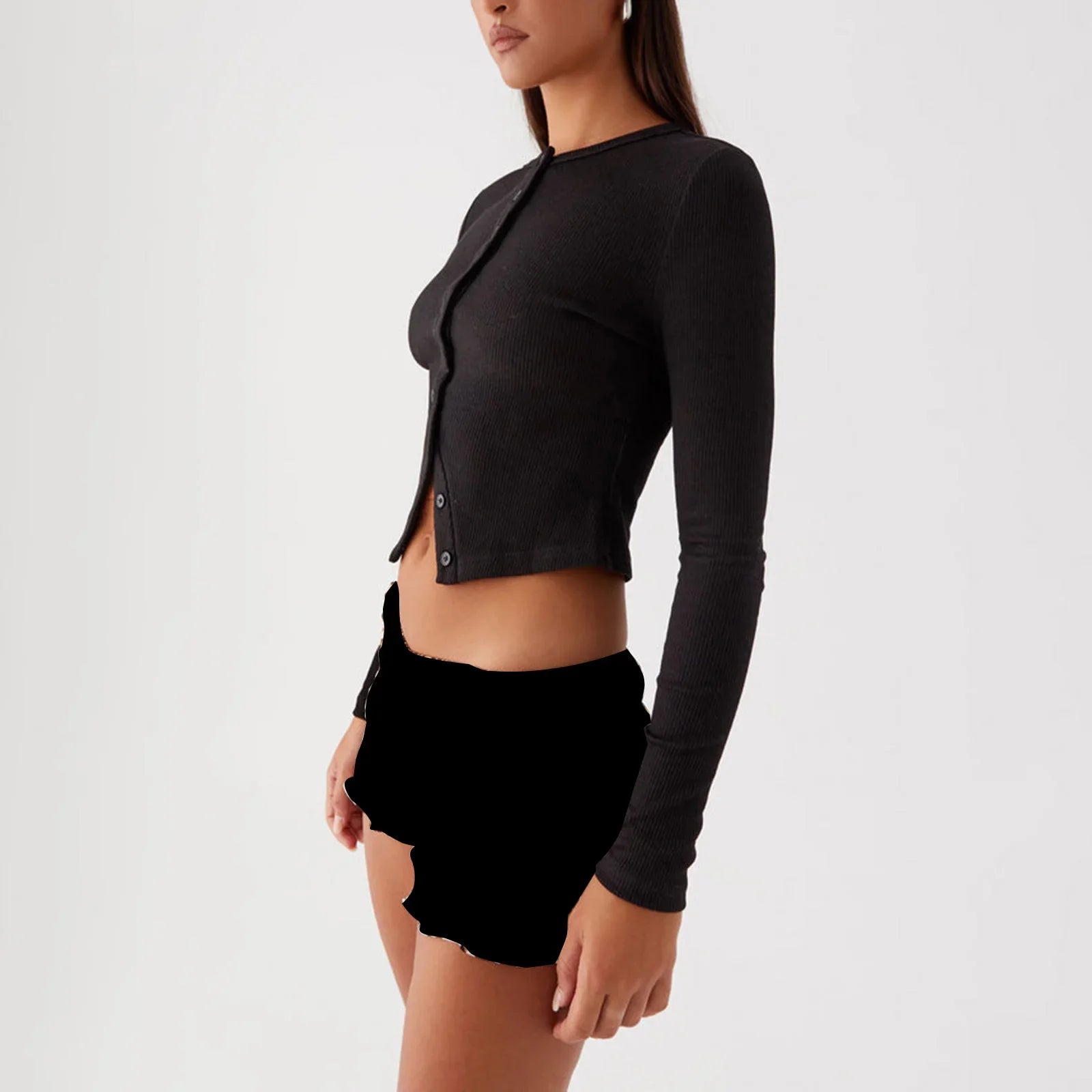 Women’s Knit Ribbed Button Front Long Sleeve Crop Top for Grunge Style