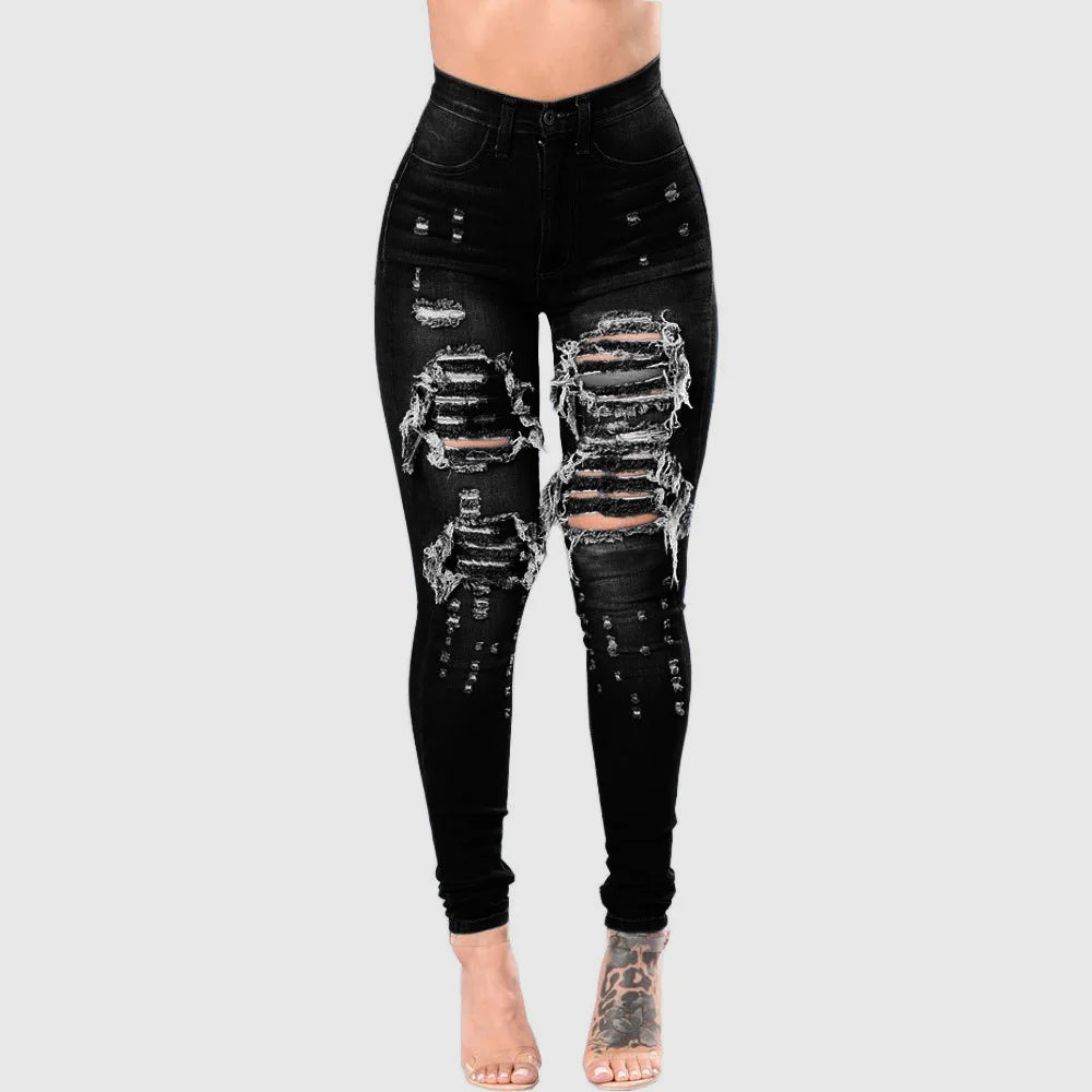 Pantalon décontracté en jean skinny extensible déchiré taille haute pour femme 