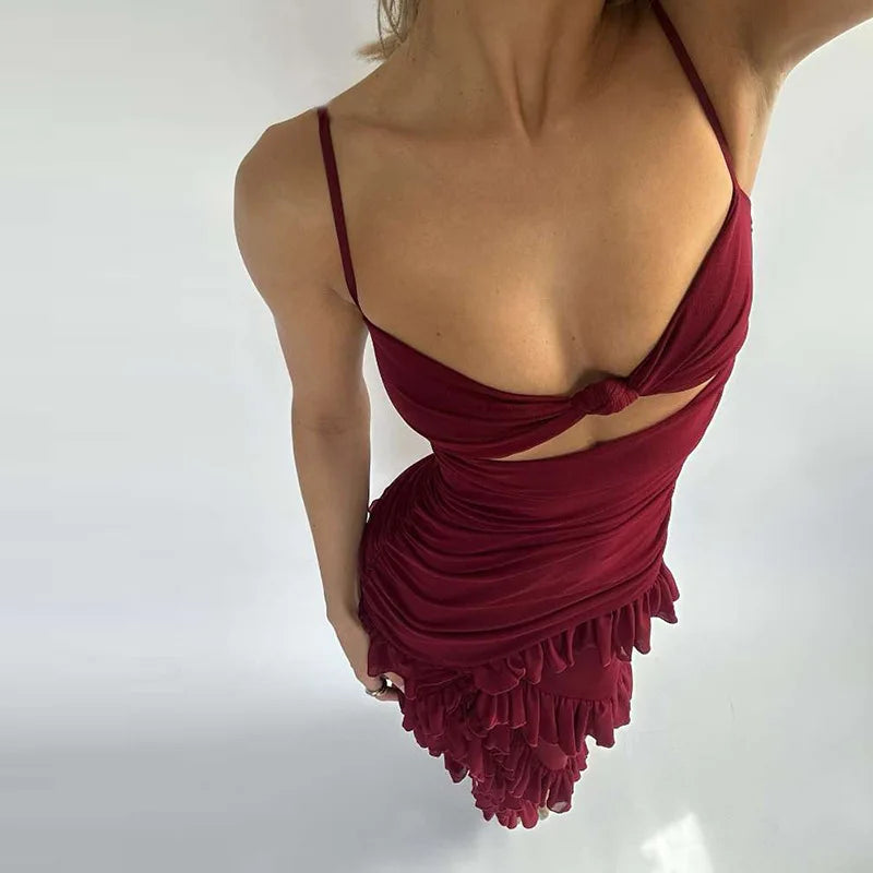 Robe longue rouge transparente dos nu en maille avec fente latérale