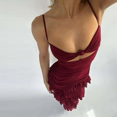 Robe longue rouge transparente dos nu en maille avec fente latérale