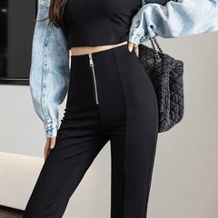 Black All-Match Patchwork Zipper Trousers for Women High Waist Slim Pants