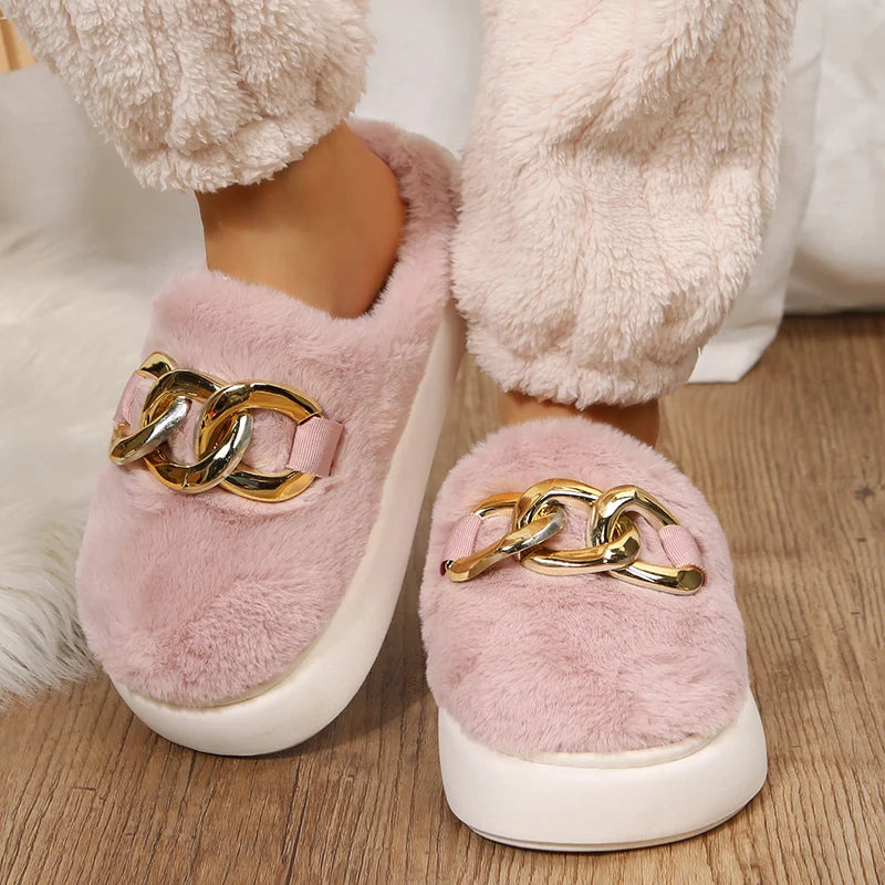 Platform Ladies Rhinestone Warm Fur Slippers for Indoor Use