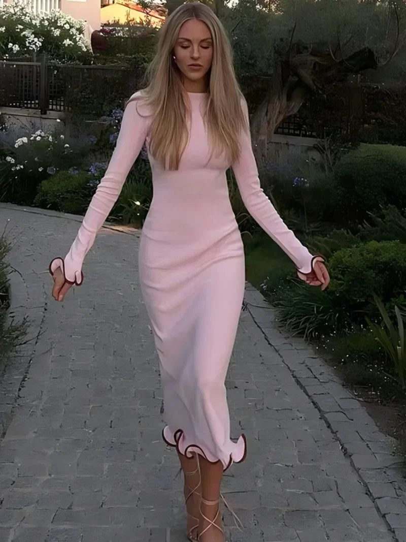 Robe mi-mollet élégante à volants et manches évasées pour femme