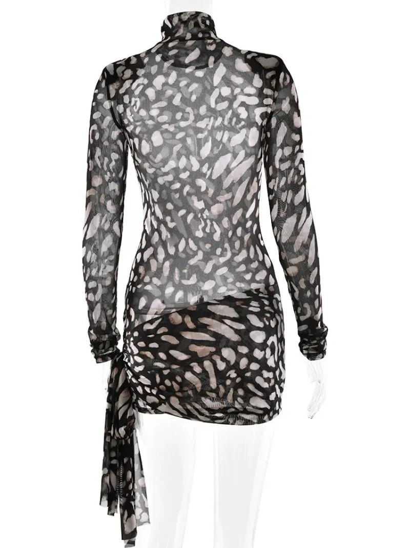 Women's Leopard Print See-Through Mesh Turtleneck Dress