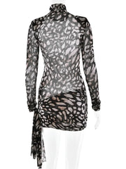 Women's Leopard Print See-Through Mesh Turtleneck Dress
