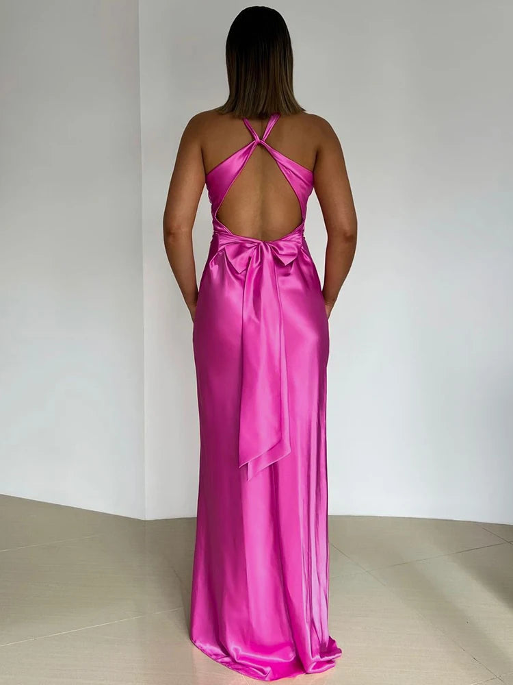 Robe longue dos nu en satin avec nœud pour femme