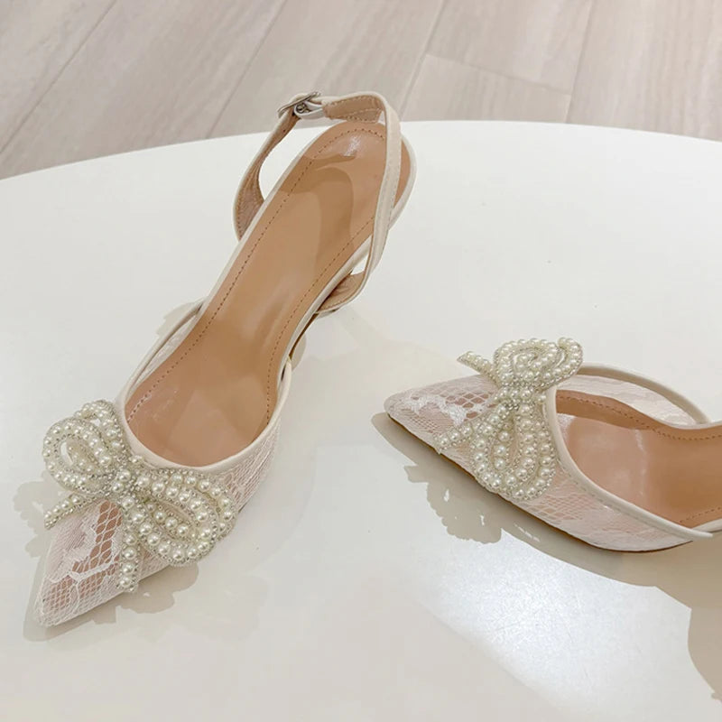 White Pearl Bowknot Mesh Pointed Toe Slingback Heels for Women