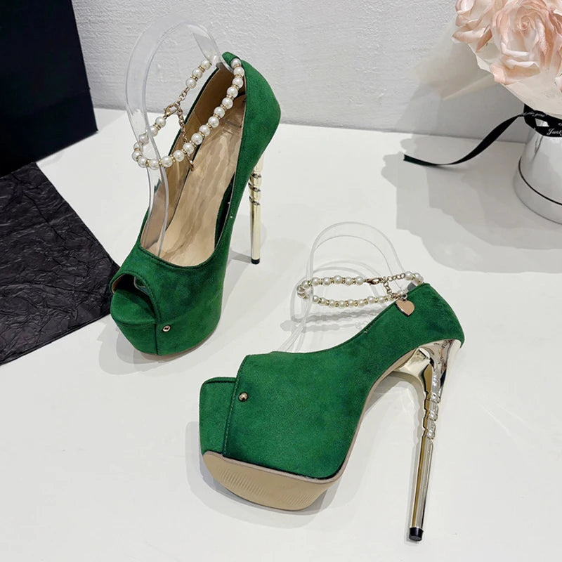 Green Peep Toe Ankle Strap High Heels for Women