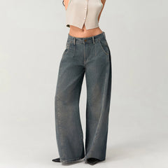 Women's Vintage Denim Washed Baggy Jeans with Pleated Pockets