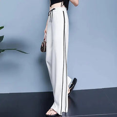 All-Match Black and White Drawstring Wide Leg Trousers for Women