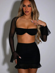 Women’s Strapless Mesh Dress Set With Full Sleeve Crop Top