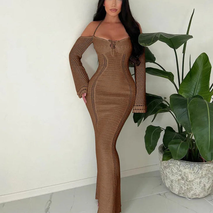 Brown Off Shoulder Halter Knit Dress with Backless Design