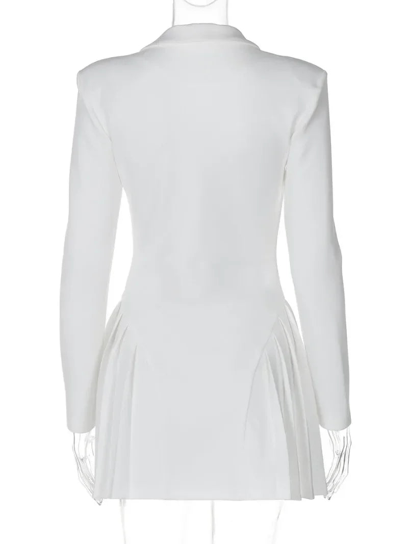 Women Elegant Deep V-Neck Pleated Short Dress with Long Sleeves