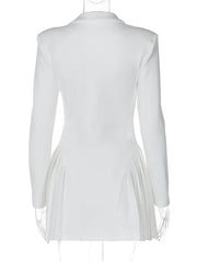 Women Elegant Deep V-Neck Pleated Short Dress with Long Sleeves