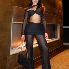 Black Mesh Patchwork Irregular Crop Top and High Waist Pant Set