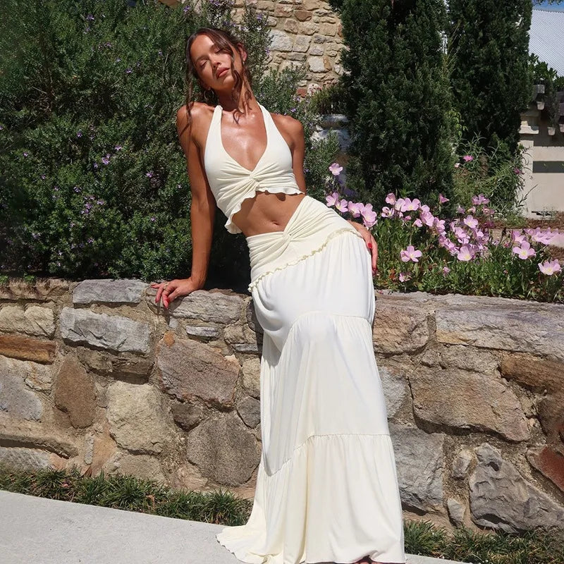 Women's Stylish Crop Top and Long Skirt Set for Beach Holidays