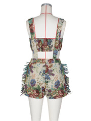 Ensemble deux pièces à imprimé floral vintage avec haut tube et short à pompons