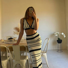 Summer Beachwear Stripe Dress Sets for Women in Elegant Style