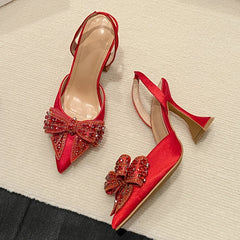 Red Sequined Crystal Bowknot Pointed Toe High Heels Slingback Pumps