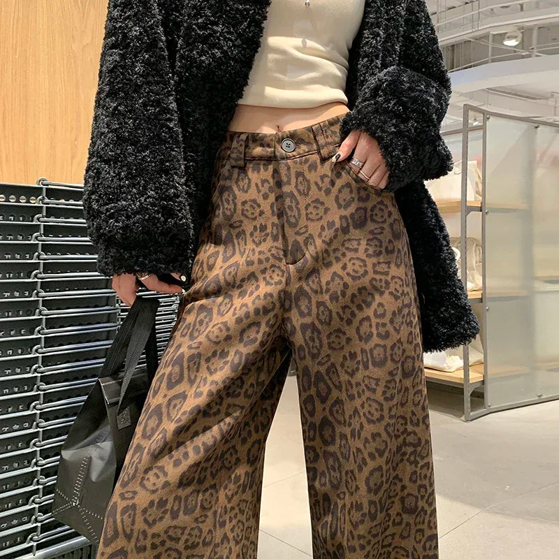 Women's Fashion Leopard Print Wide Leg High Waist Pants