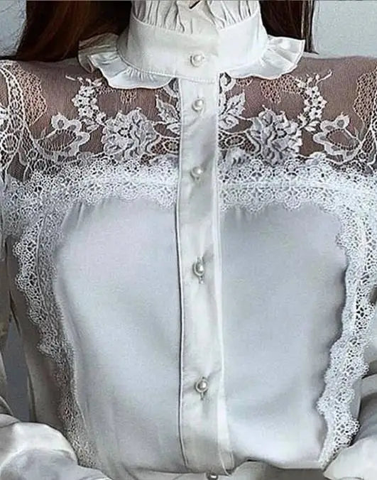 Elegant White High-Neck Mesh Lace Long-Sleeved Women's Shirt