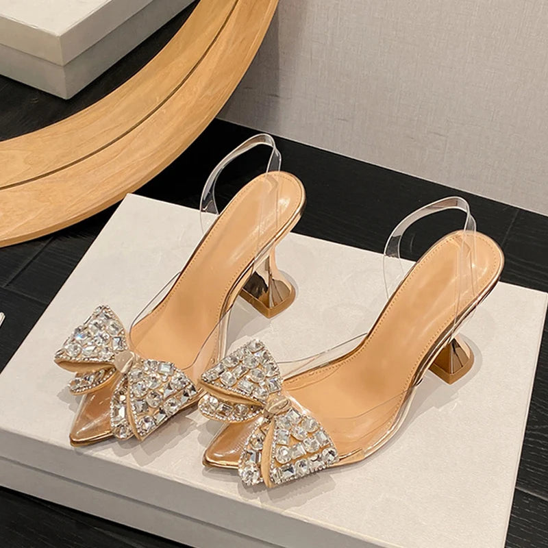 Transparent Women Pumps with Crystal Bowknot Pointed Toe Slingback Heels