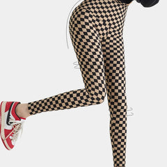 Women's Khaki Checkerboard Plaid Shark Leggings High Waist Seamless