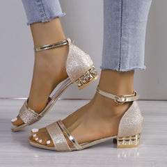 Women's Crystal Open-Toed Thick Heel Sandals for Summer Parties