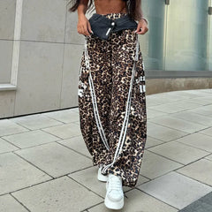 Women's Leopard Print Wide-Leg Track Pants with Side Stripes