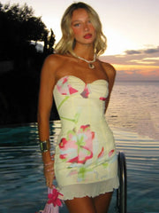 Women's Yellow Strapless Printed Wrap Mini Dress for Beach Holiday