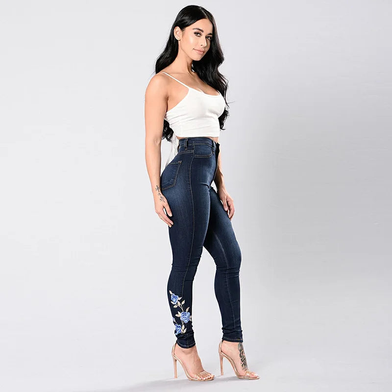 Women's High Waist Embroidered Slim Stretch Denim Pencil Pants