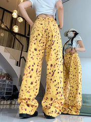 Personalized Yellow Leopard Print Wide-Leg Jeans for Women