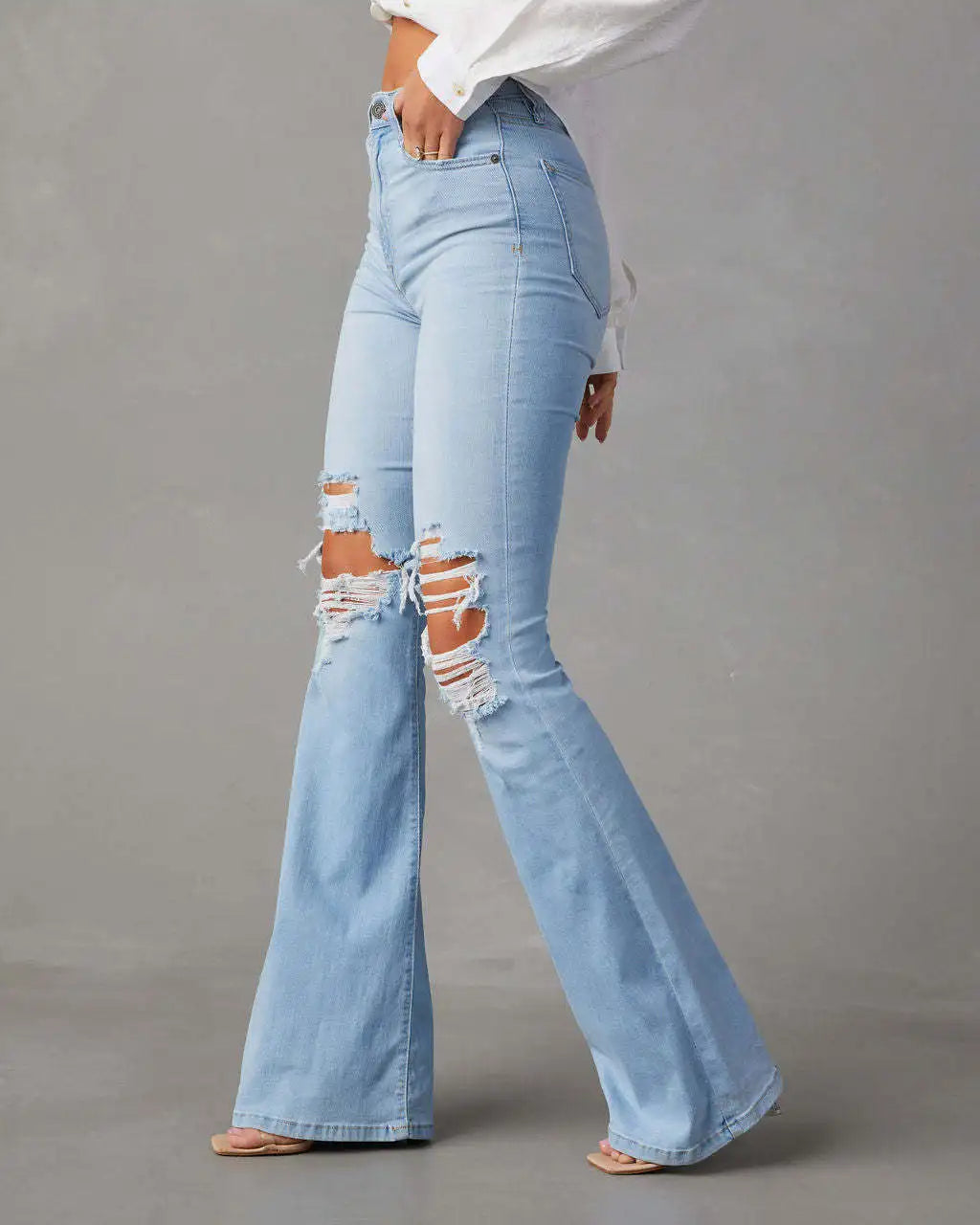 Jean évasé taille haute bleu pour femme, pantalon en denim décontracté