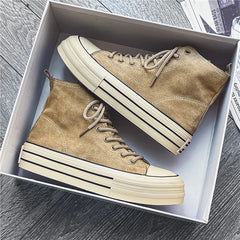 Unisex High-Top Platform Sneakers – Beige Canvas Thick-Sole Lace-Up Shoes