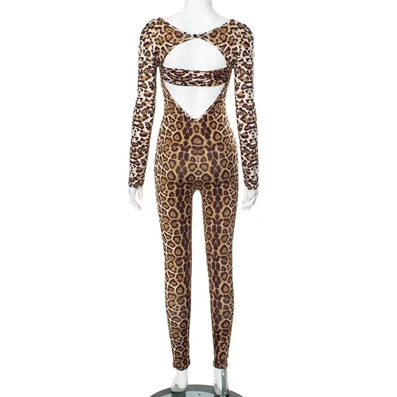 Leopard Print Women's Hollow Out V-Neck Full Sleeve Jumpsuit