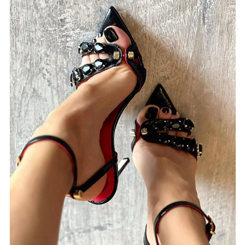 Summer Open Toe Rivet Crystal Women Sandals with Buckle Strap