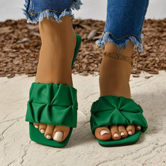 Women's Green Pleated Summer Slippers Flip Flops Sandals Flats