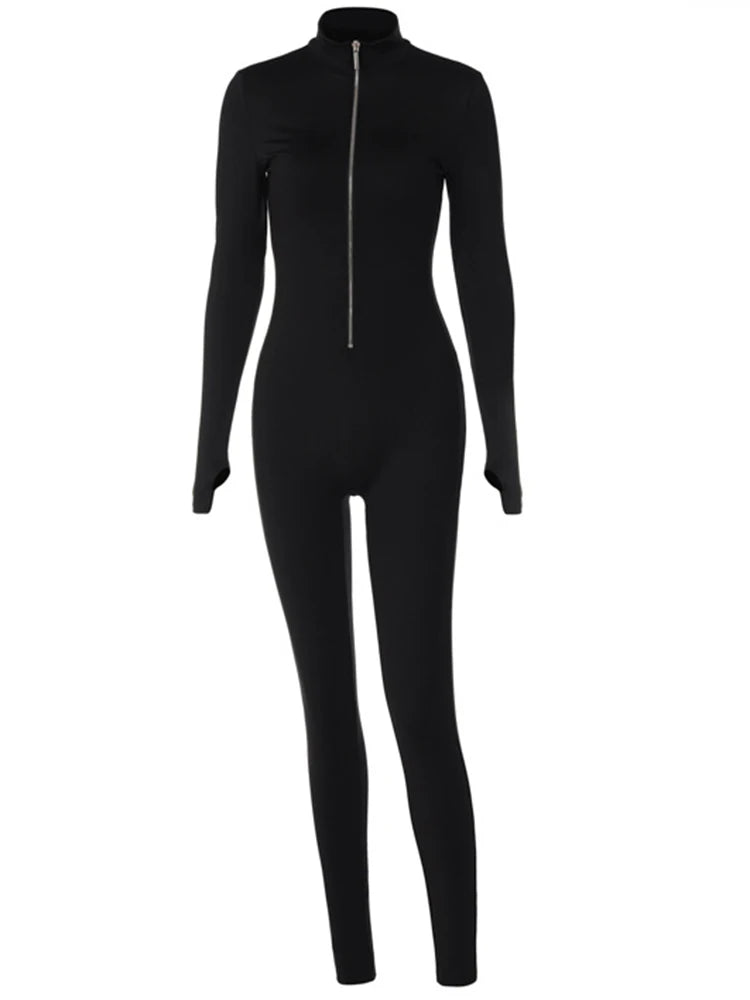 Women's Solid Long Sleeve Zipper Jumpsuit for Fitness and Parties