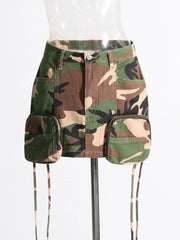 Camouflage Print High Waist Casual Short Skirt with Pockets for Women